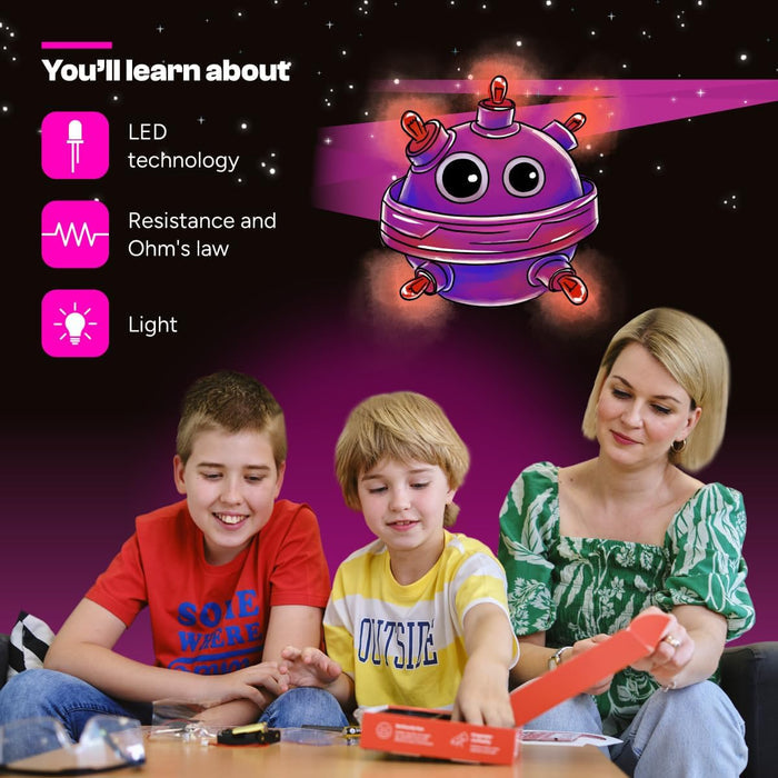 Family exploring an orange electronics kit. Graphic of a purple robot and text on LED technology and Ohm's law.