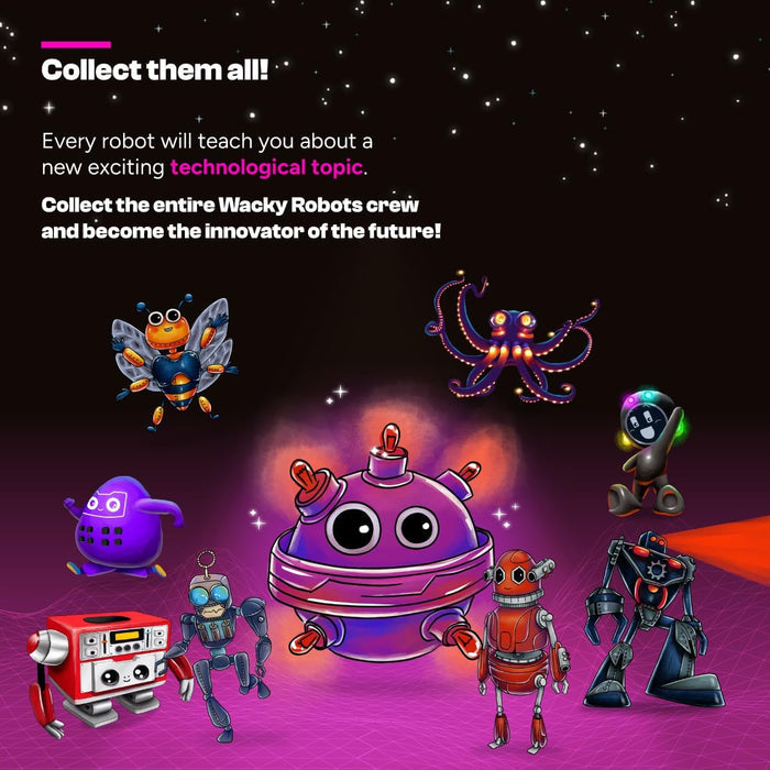 Purple spherical robot Bob surrounded by a crew of colorful cartoon robots in a starry space setting.
