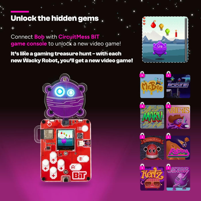 Purple robot plugged into a red handheld game console displaying a pixel art game, surrounded by locked game icons.