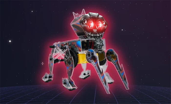 Six-legged robot with a hexagonal head, glowing red eyes, and colorful patterns, set against a starry grid background.