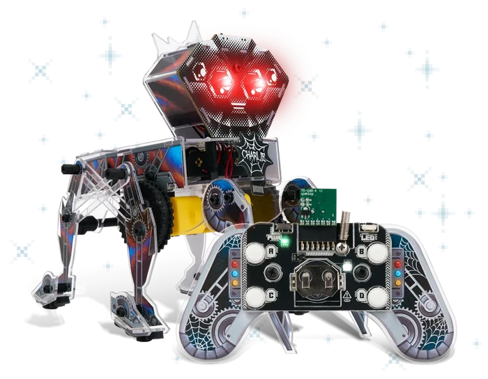 Four-legged clear acrylic robot with glowing red eyes and a matching remote controller with gear and web graphics.