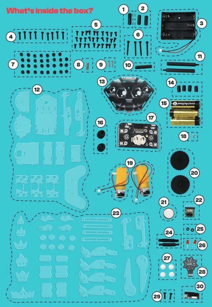 Numbered DIY robot parts: light blue frame pieces, yellow motors, black gears, and a circuit board on a teal background.