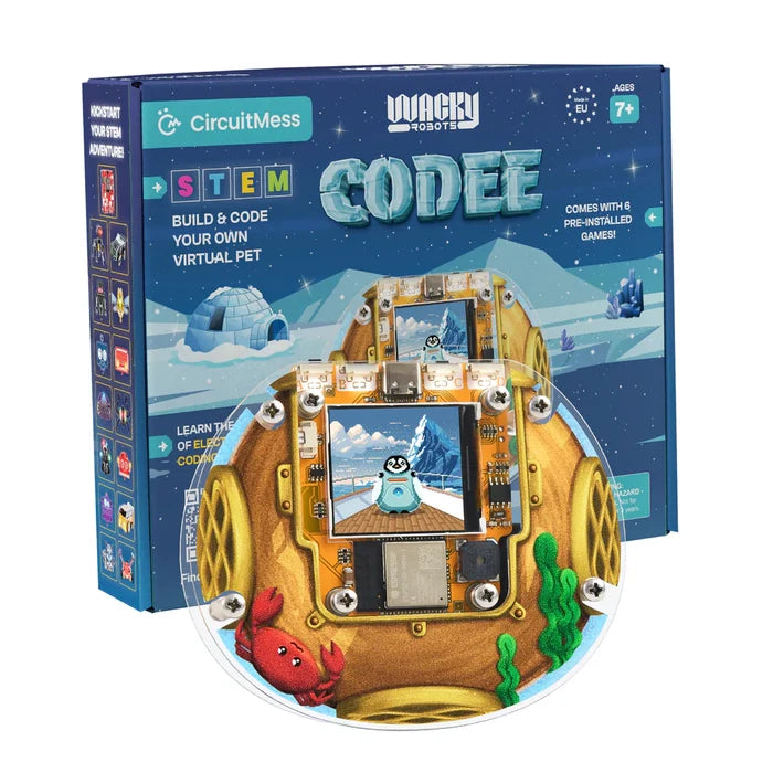 Blue box for a STEM toy showing a yellow round robot with an exposed circuit board and a screen with a penguin character.