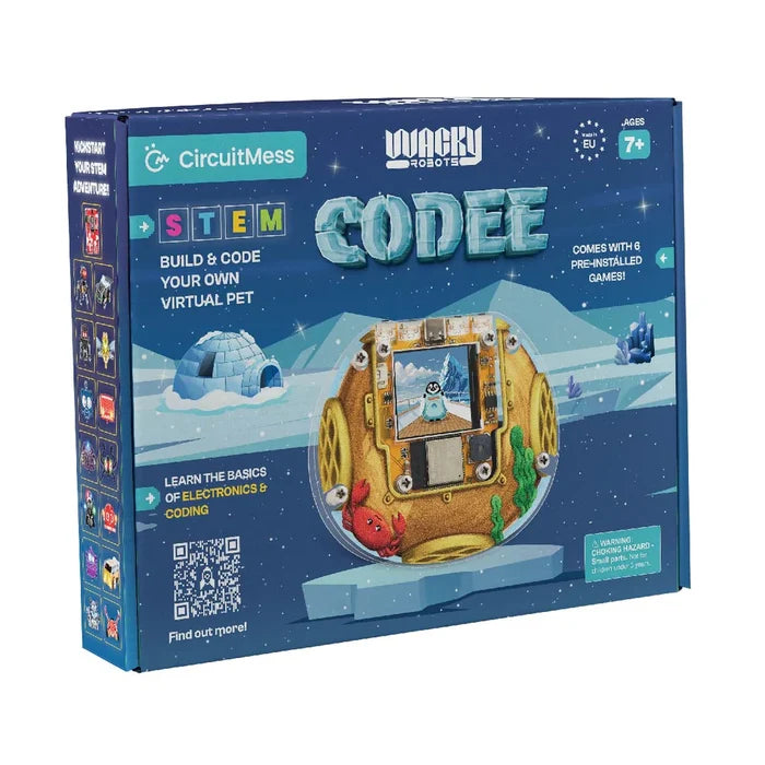 Blue product box for Codee STEM kit featuring a circular DIY virtual pet with a penguin screen and gold casing.