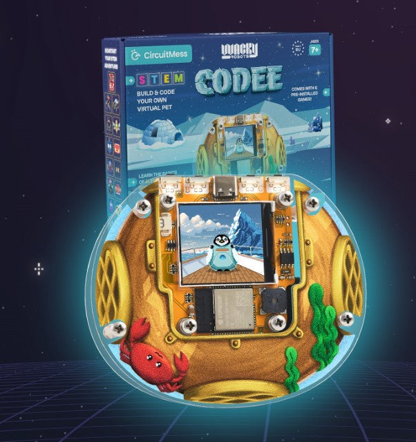 Round handheld toy with a penguin screen and yellow submarine art, shown in front of its blue STEM kit packaging.