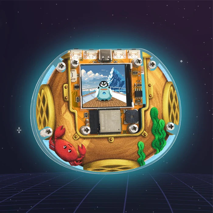 Round clear device showing orange circuitry, a gold diving helmet graphic, and a pixel penguin on a small screen.