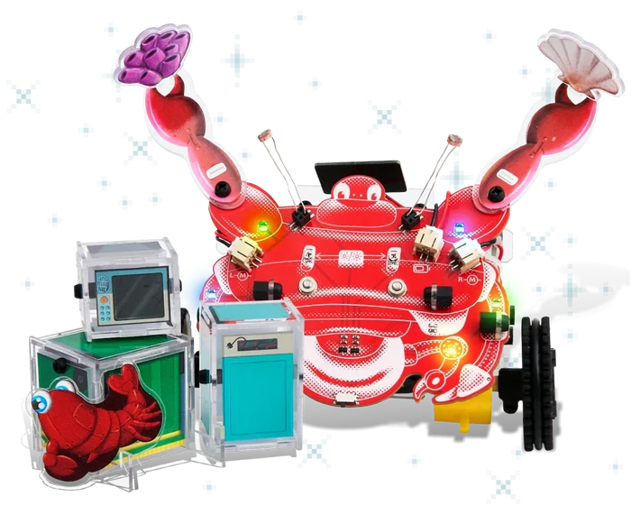 Red crab-shaped robot with raised claws and circuit board body, plus three small interactive electronic block modules.