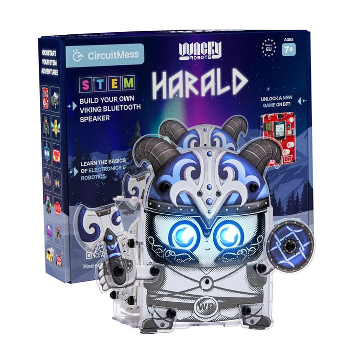 Blue STEM kit box next to an assembled white viking robot with glowing blue eyes and a silver horned helmet.