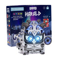 Blue STEM kit box next to an assembled white viking robot with glowing blue eyes and a silver horned helmet.