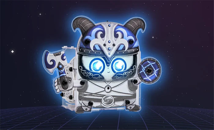 Small blue and silver DIY Viking robot with glowing eyes, axe, and shield against a starry space background.
