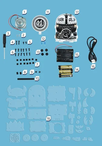 Numbered DIY electronics kit parts including a speaker, helmet circuit board, and blue pieces on a blue background.
