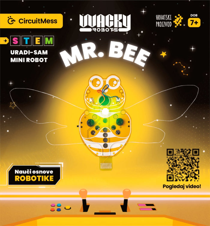 Yellow bee-shaped DIY robot with visible circuitry on a glowing space-themed box front with CircuitMess and STEM branding.