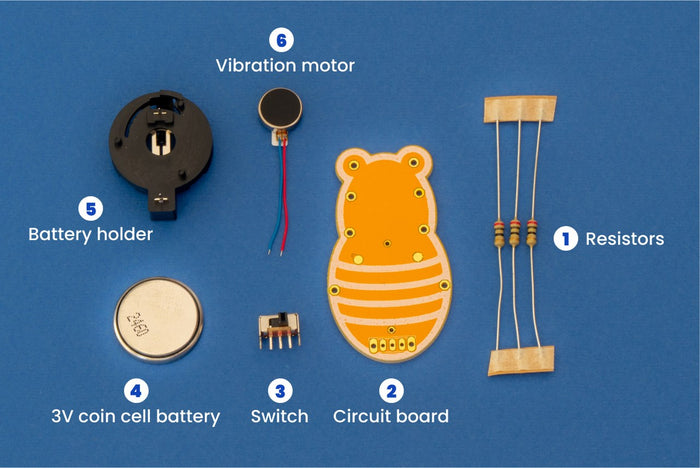 Labeled DIY electronics kit parts: yellow bee circuit board, motor, battery, and resistors on a blue background.