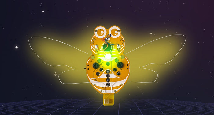 Yellow bee-shaped circuit board with glowing light and wire wings against a starry space and blue grid background.