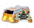 Orange DIY toy camper van with glowing headlights and a handheld remote controller showing its electronic circuits.