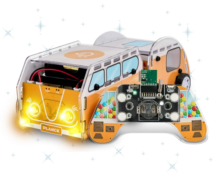 Orange DIY toy camper van with glowing headlights and a handheld remote controller showing its electronic circuits.