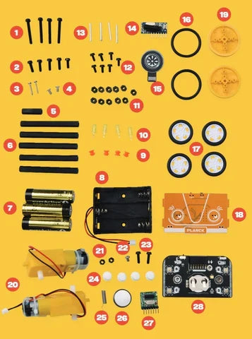 28 numbered DIY robot components including yellow motors, black tires, and a circuit board on a yellow background.