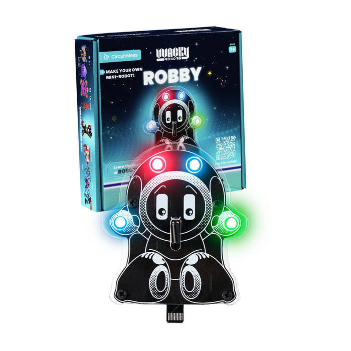 Black robot circuit board with glowing red, blue, and green lights in front of a blue space-themed Robby box.
