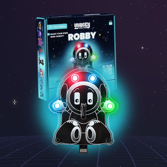 CircuitMess Robby box and assembled black robot with glowing red, blue, and green LEDs on a starry space background.