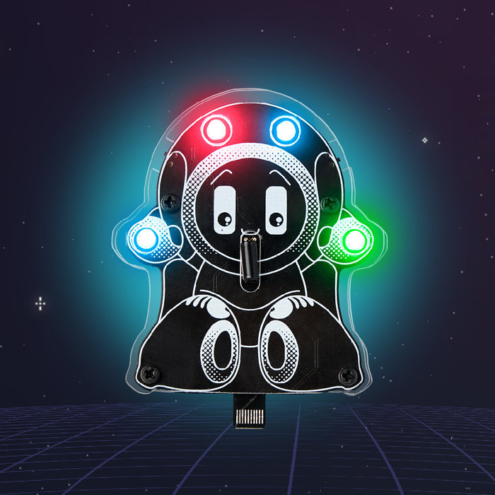 Cartoon robot circuit board with glowing red, blue, and green LEDs against a starry space and grid background.
