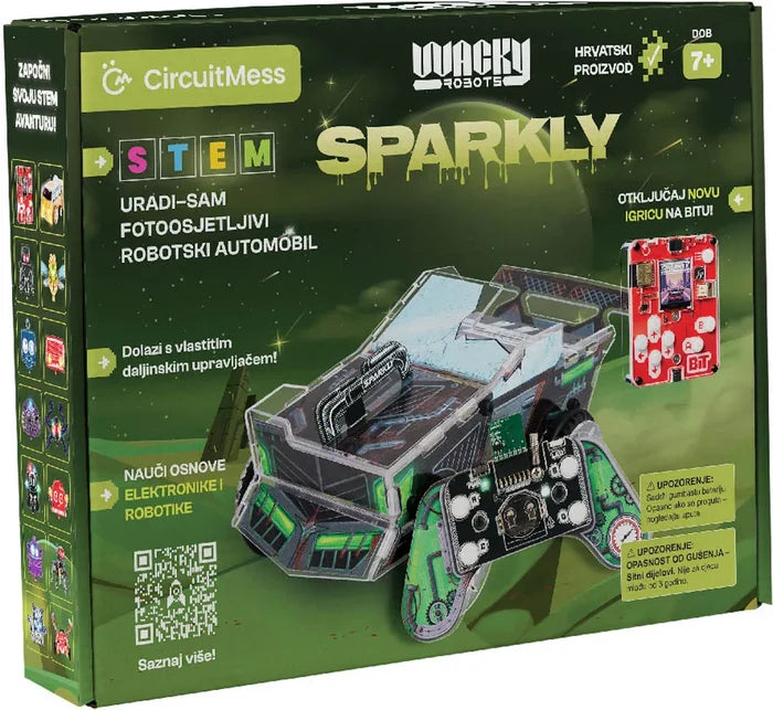 Green box for a DIY robot car kit featuring a clear-bodied vehicle, green gamepad remote, and visible circuit parts.