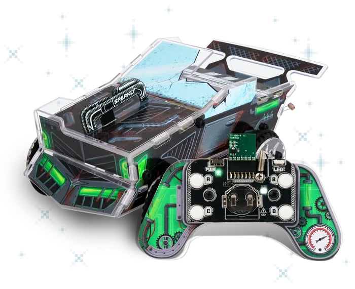 Clear plastic toy car with green mechanical patterns and matching handheld controller with an exposed circuit board.