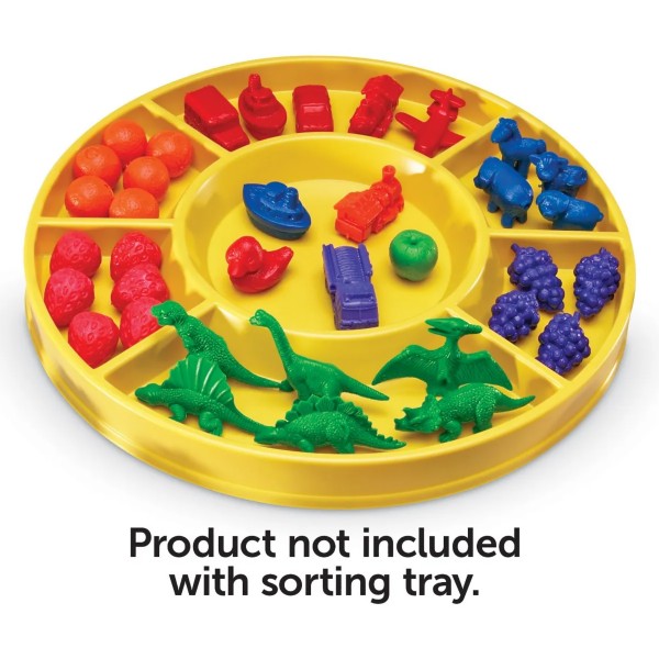 Round yellow sorting tray with multiple compartments holding various colorful toy animals, vehicles, and fruits.
