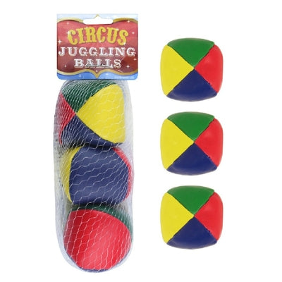 Three red, yellow, blue and green juggling balls in a mesh bag with a circus header and three balls shown loose.