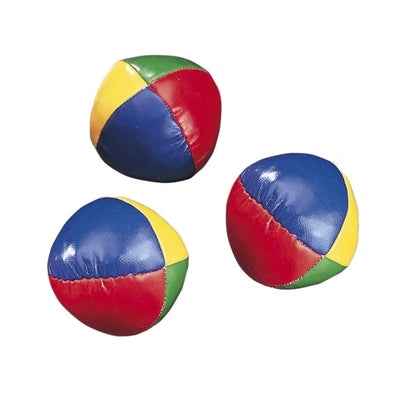 Three soft juggling balls with red, blue, yellow, and green stitched panels against a white background.