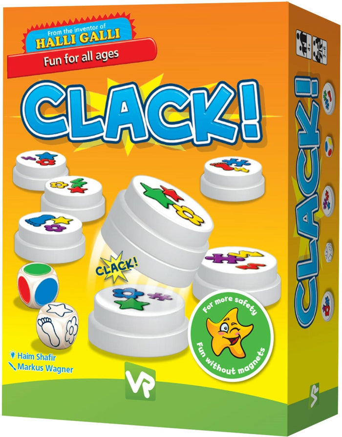 Bright orange box for Clack! game featuring stackable white discs with colorful icons and two game dice.