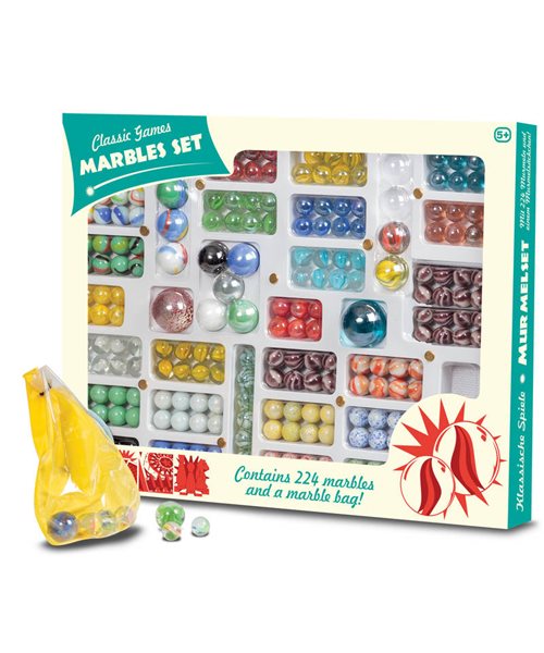 Partitioned box filled with assorted colorful patterned glass marbles, a yellow mesh bag, and loose marbles.