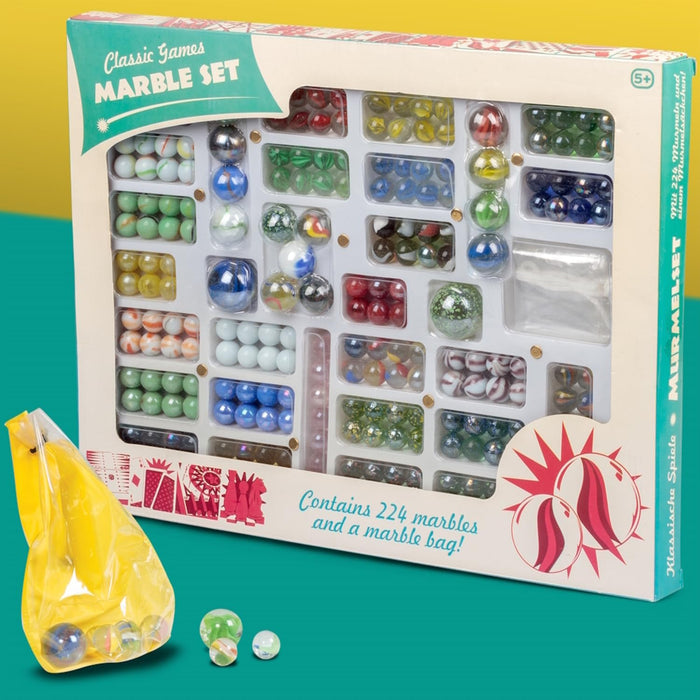 Large box of 224 multi-colored glass marbles in varied sizes, featuring a yellow mesh bag on a teal background.