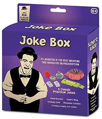 Purple packaging with a laughing man in a bowler hat and images of 5 gags including a whoopee cushion and snappy gum.