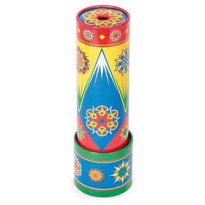 Vertical tin kaleidoscope featuring bright red, yellow, and blue geometric star patterns and floral designs.