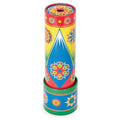 Vertical tin kaleidoscope featuring bright red, yellow, and blue geometric star patterns and floral designs.