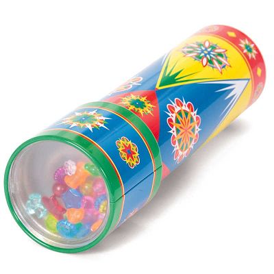 Tin kaleidoscope with starburst patterns on blue, red, and yellow, with colorful beads visible in the clear end.