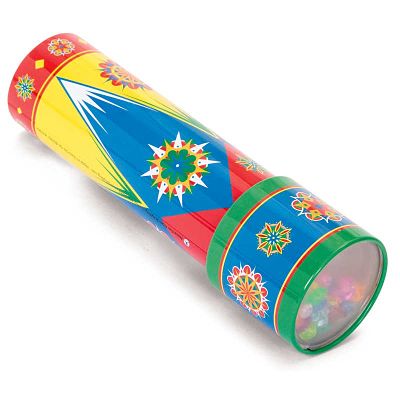 A brightly patterned tin kaleidoscope with geometric designs and a clear end showing colorful translucent beads.