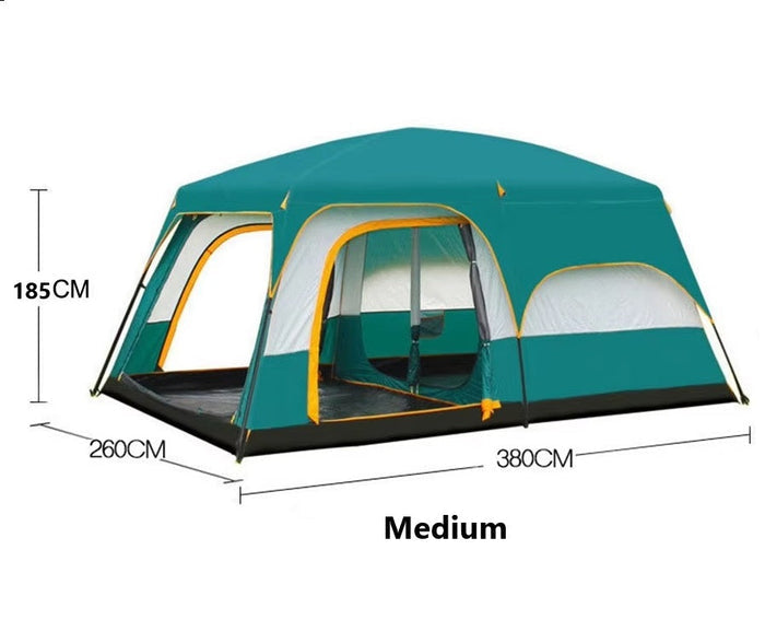 Green ECOTREK family outdoor camping tent, double-layer cabin tent used for family camping trips on outdoor adventures.