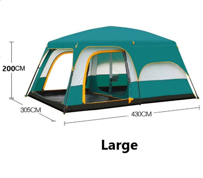 Green ECOTREK family outdoor camping tent, double-layer cabin tent with spacious interior for family camping adventures.