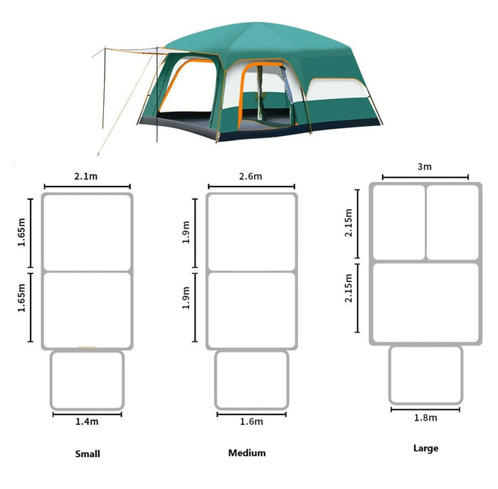 Green ECOTREK family outdoor camping tent, double-layer cabin tent for family camping trips, shown set up outdoors.