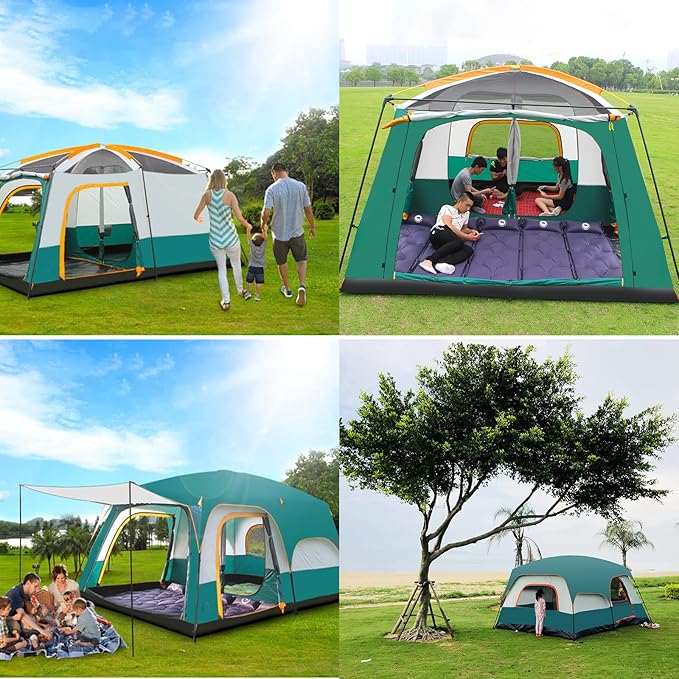 Green ECOTREK family outdoor camping tent with double-layer design, ideal for family cabin camping adventures.