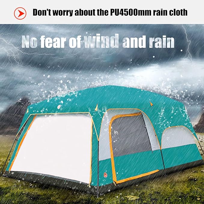 Green ECOTREK family outdoor camping tent with double-layer design, cabin style, suitable for family camping adventures.