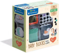 Soft baby blocks with black, white, and colorful patterns, stars, and animals in a 0+ month display box.