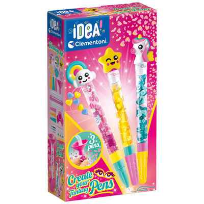 Bright pink Clementoni craft kit box showing three glitter-filled pens with unicorn, star, and rainbow cloud toppers.