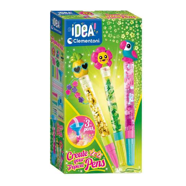 Green box for a tropical pen kit featuring three glittery pens with pineapple, flower, and toucan toppers.