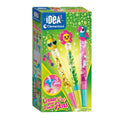 Green box for a tropical pen kit featuring three glittery pens with pineapple, flower, and toucan toppers.
