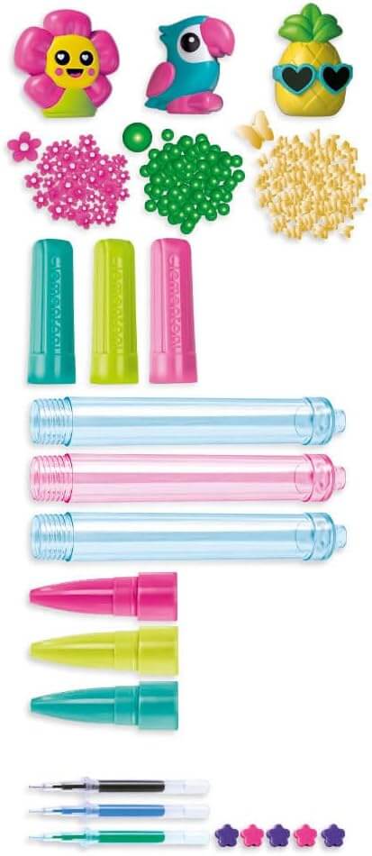 Pen crafting kit featuring parrot and pineapple toppers, colorful barrels, tips, ink refills, and bright decorative beads.