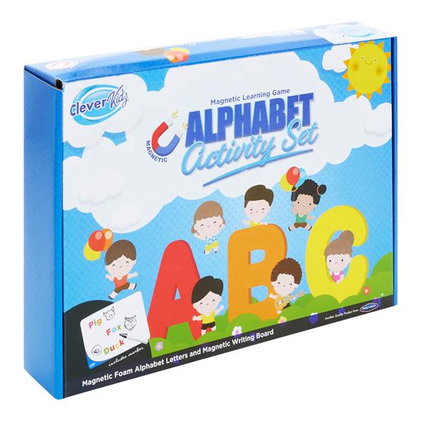 Blue alphabet game box featuring large colorful letters, cartoon kids, and white clouds on a bright sunny background.