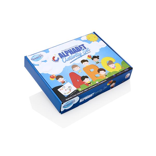 Blue box featuring cartoon children with large colorful letters A, B, and C under a sunny sky and clouds.