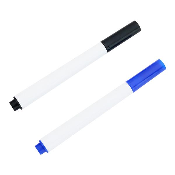 Two white dry-erase markers with black and blue caps and matching end tips.